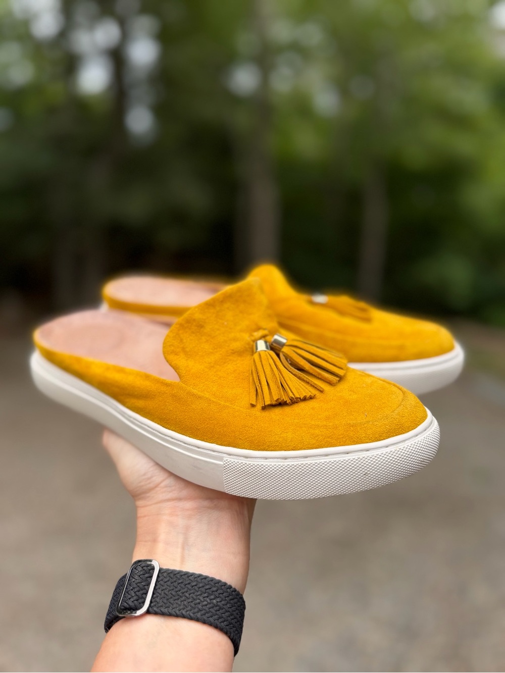 Gentle Souls Rory Leather Suede Tassels Mule Slip On Loafer Gold Yellow Womens